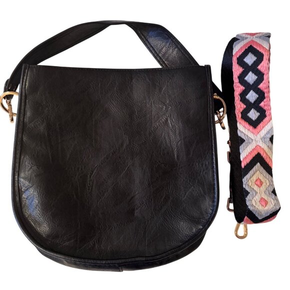 2- Ah Dorned Black Faux Leather Crossbody Bag Aztec Strap NWT - Picture 11 of 16